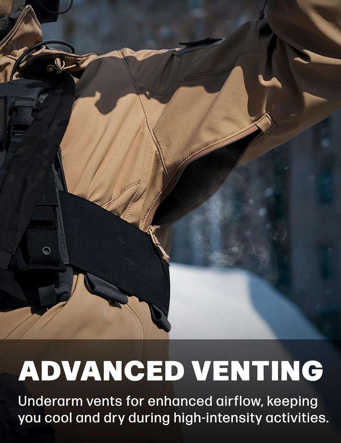 imageCQR Mens Water Resistant Tactical Softshell Jacket Fleece Lined High Neck Full Zip Wind Rain Hiking Hunting Winter OutdoorOperator X Coyote