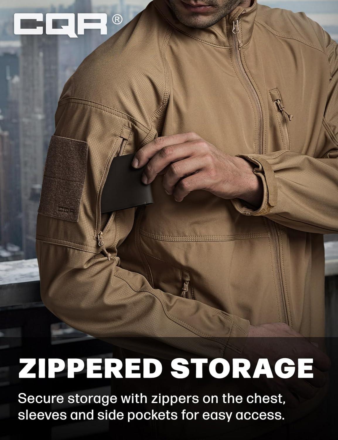 imageCQR Mens Water Resistant Tactical Softshell Jacket Fleece Lined High Neck Full Zip Wind Rain Hiking Hunting Winter OutdoorOperator X Coyote