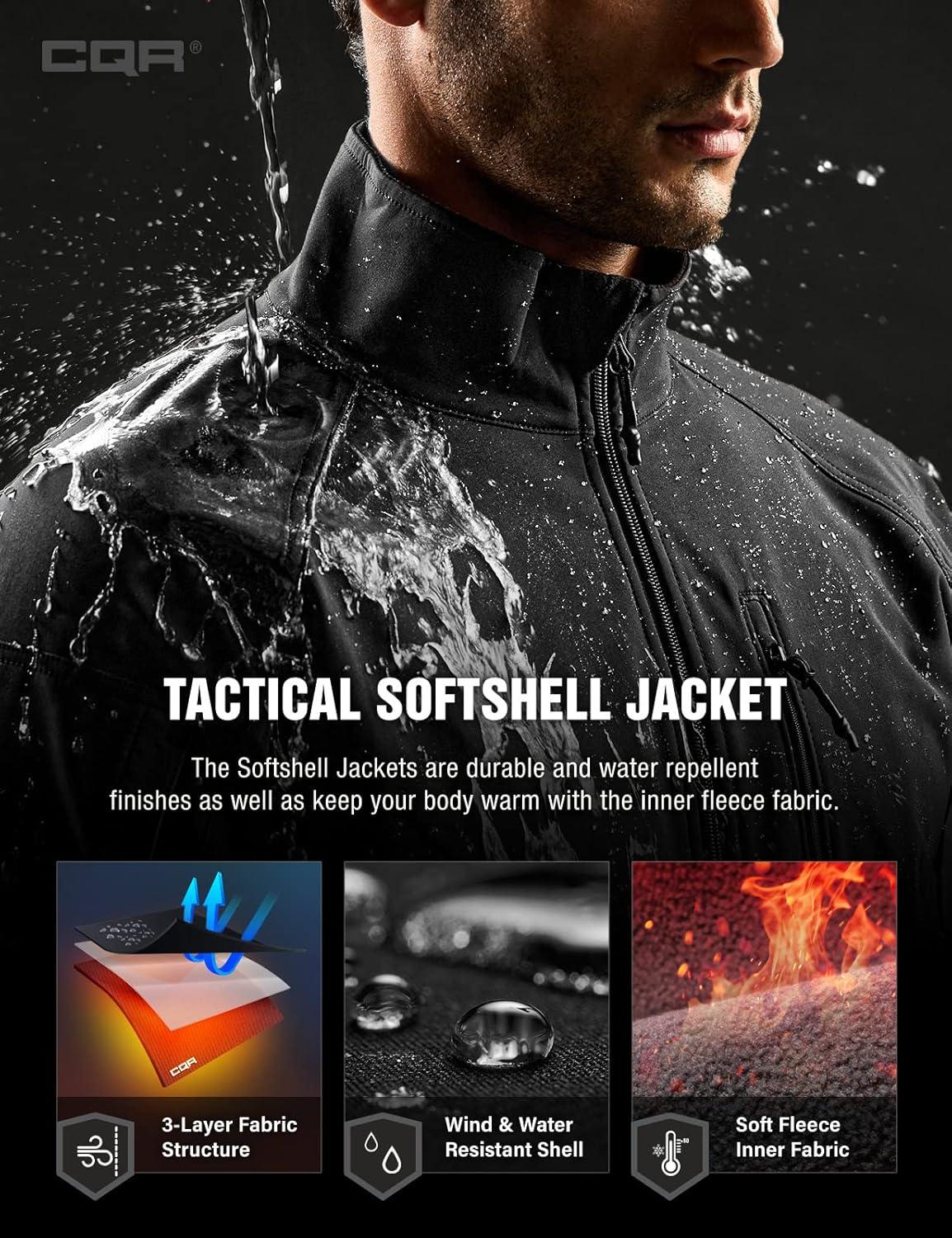 imageCQR Mens Water Resistant Tactical Softshell Jacket Fleece Lined High Neck Full Zip Wind Rain Hiking Hunting Winter OutdoorUrban Stealth Black