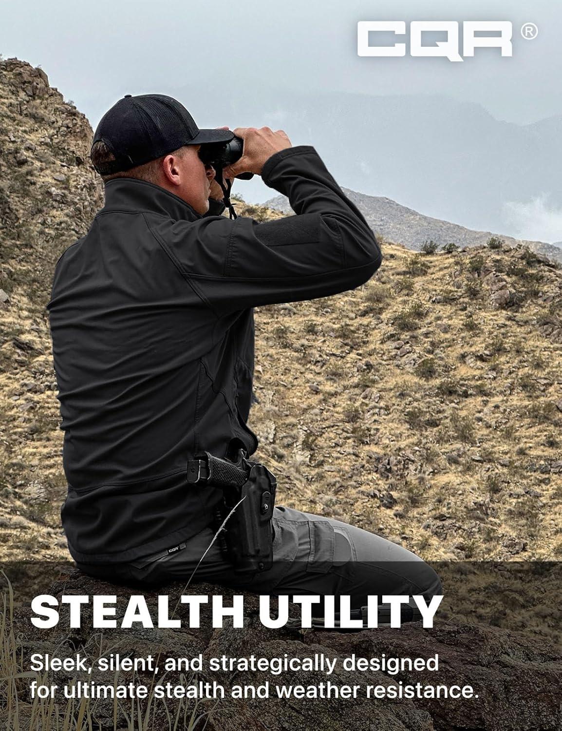 imageCQR Mens Water Resistant Tactical Softshell Jacket Fleece Lined High Neck Full Zip Wind Rain Hiking Hunting Winter OutdoorUrban Stealth Black