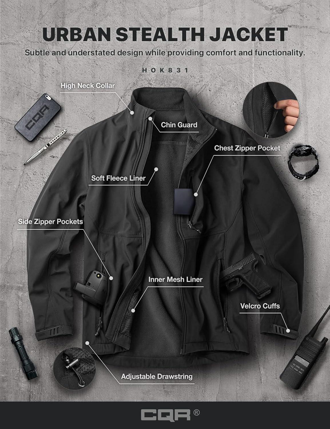 imageCQR Mens Water Resistant Tactical Softshell Jacket Fleece Lined High Neck Full Zip Wind Rain Hiking Hunting Winter OutdoorUrban Stealth Black