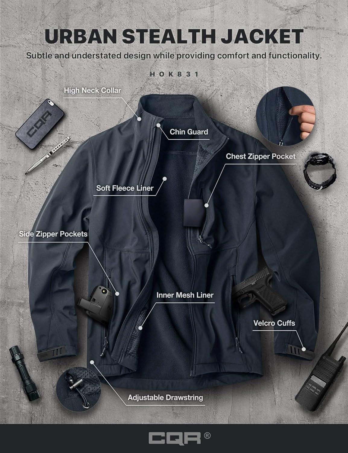 imageCQR Mens Water Resistant Tactical Softshell Jacket Fleece Lined High Neck Full Zip Wind Rain Hiking Hunting Winter OutdoorUrban Stealth Operator Navy