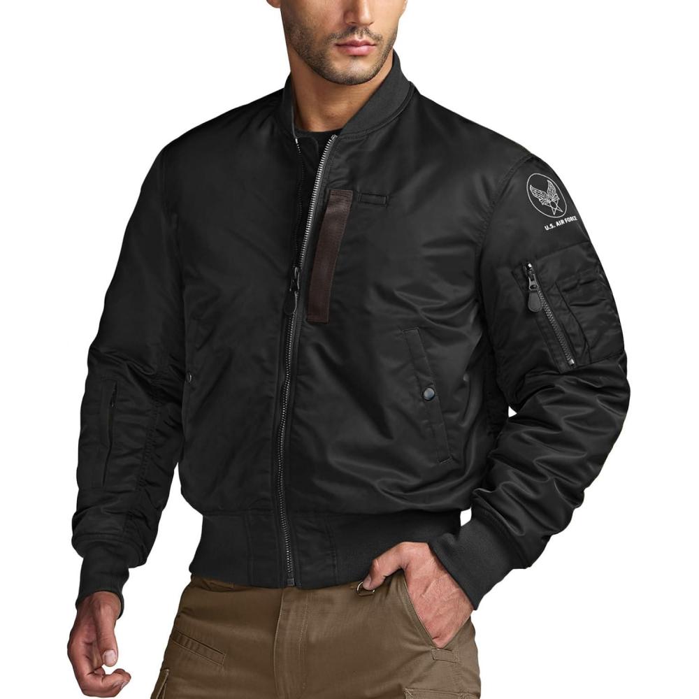 imageCQR Mens Casual Bomber Jacket Outdoor FallWinter ZipUp Windbreaker Water Resistant Padded MA1 Flight Jacket with PocketNavigator Af Black