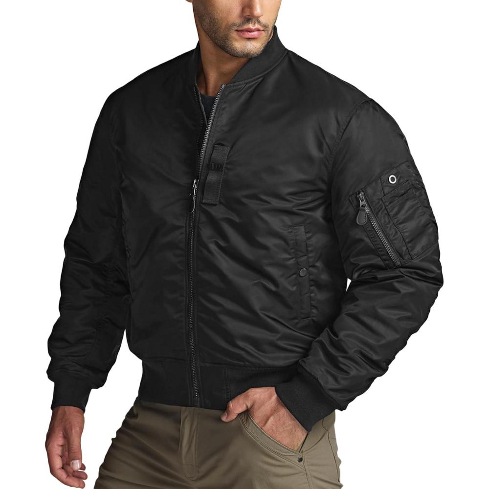 imageCQR Mens Casual Bomber Jacket Outdoor FallWinter ZipUp Windbreaker Water Resistant Padded MA1 Flight Jacket with PocketWatcher Black