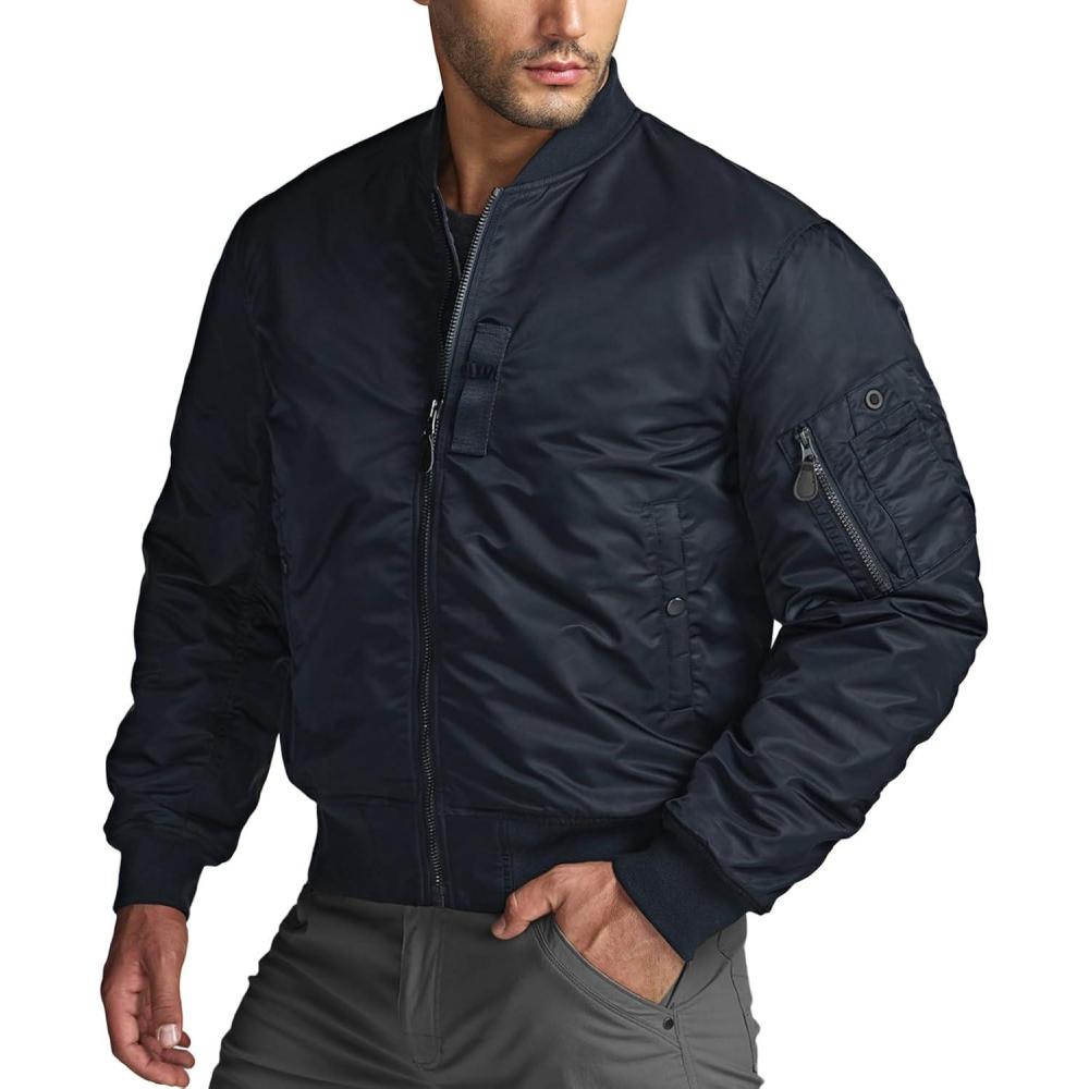 imageCQR Mens Casual Bomber Jacket Outdoor FallWinter ZipUp Windbreaker Water Resistant Padded MA1 Flight Jacket with PocketWatcher Operator Navy
