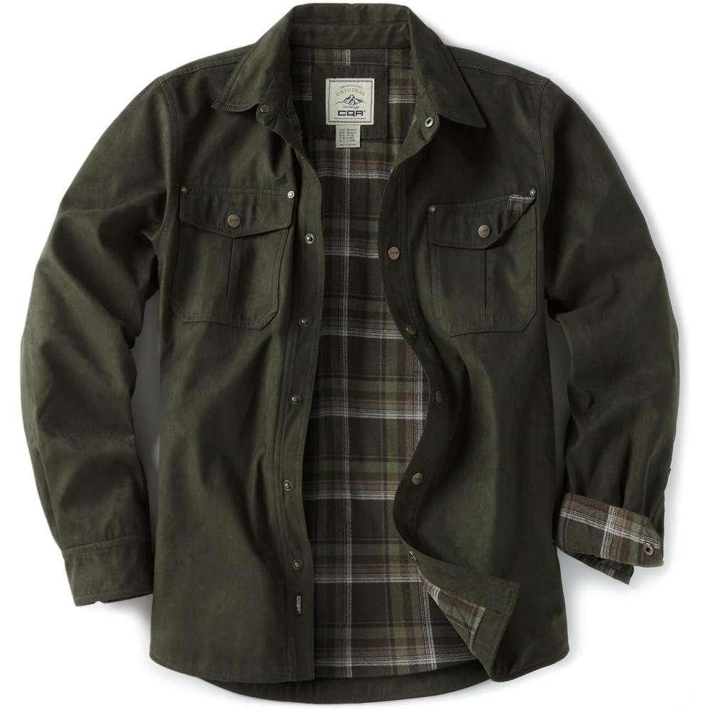 imageCQR Mens Flannel Lined Shirt Jackets Long Sleeved Rugged Plaid Cotton Brushed Suede Shirt JacketFlannel Lined Hickory Green