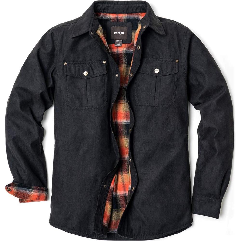 imageCQR Mens Flannel Lined Shirt Jackets Long Sleeved Rugged Plaid Cotton Brushed Suede Shirt JacketFlannel Lined Texas Black