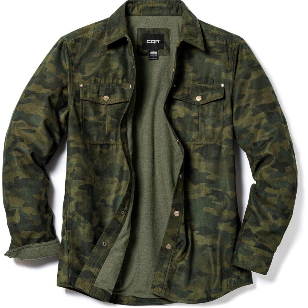 imageCQR Mens Flannel Lined Shirt Jackets Long Sleeved Rugged Plaid Cotton Brushed Suede Shirt JacketFlannel Print Lined Camo Olive