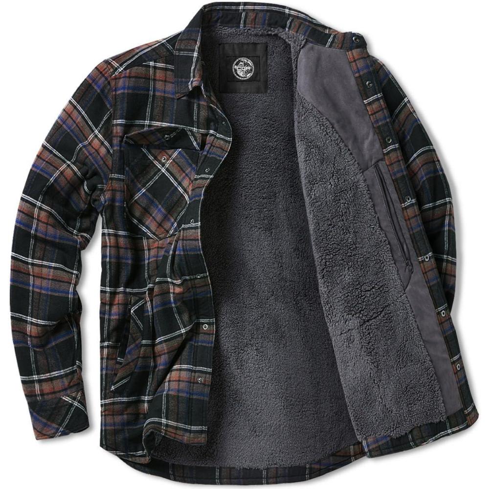 imageCQR Mens Sherpa Lined Cotton Flannel Shirt Jacket Long Sleeve Warm Winter Outdoor Plaid Button Up Jacket Coat with PocketsStealth Coal Miner