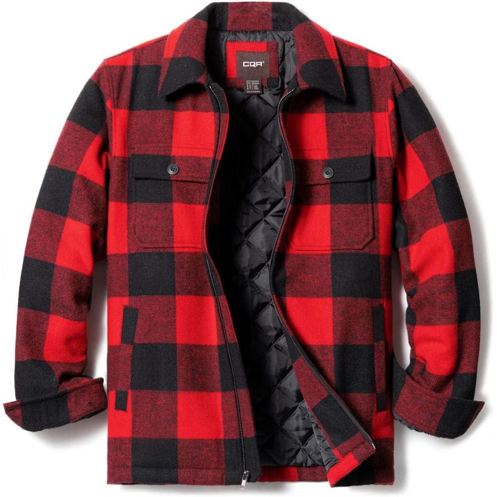 imageCQR Mens Sherpa Lined Cotton Flannel Shirt Jacket Long Sleeve Warm Winter Outdoor Plaid Button Up Jacket Coat with PocketsWool Jk Buffalo Red Plaid