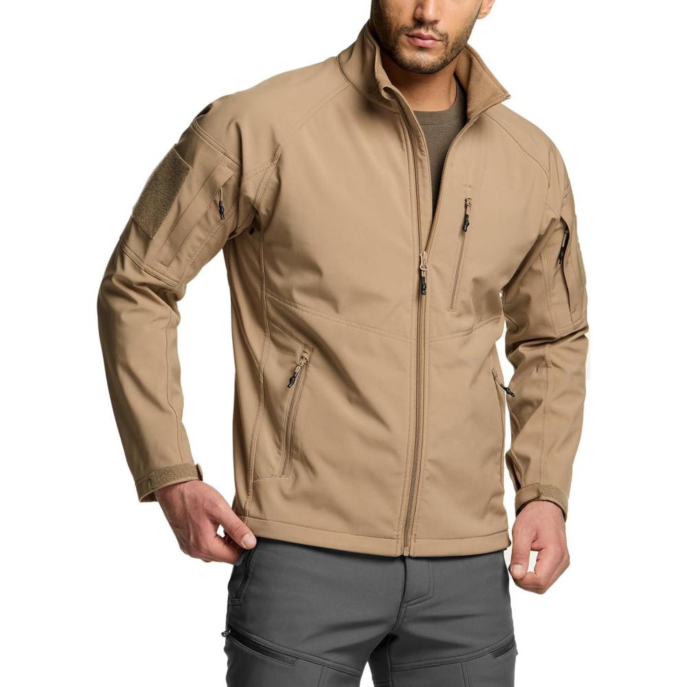 imageCQR Mens Water Resistant Tactical Softshell Jacket Fleece Lined High Neck Full Zip Wind Rain Hiking Hunting Winter OutdoorCovert Jacket Coyote
