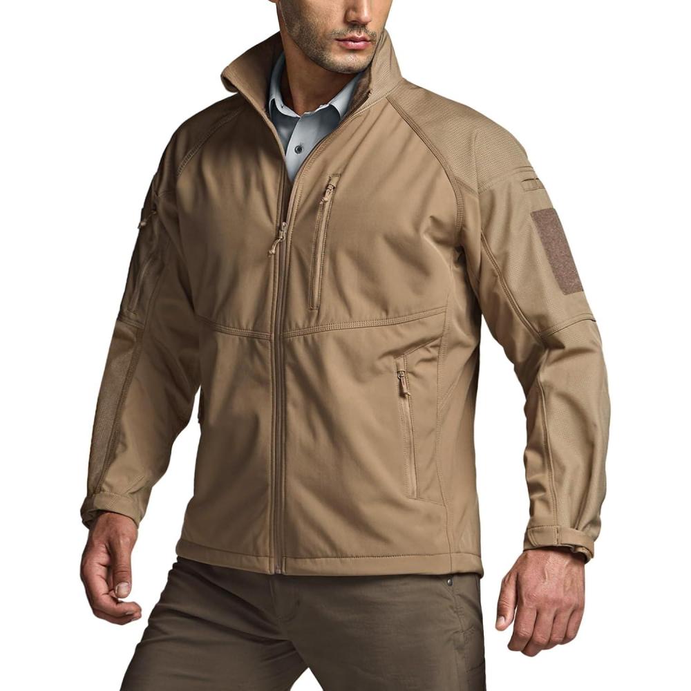 imageCQR Mens Water Resistant Tactical Softshell Jacket Fleece Lined High Neck Full Zip Wind Rain Hiking Hunting Winter OutdoorOperator X Coyote