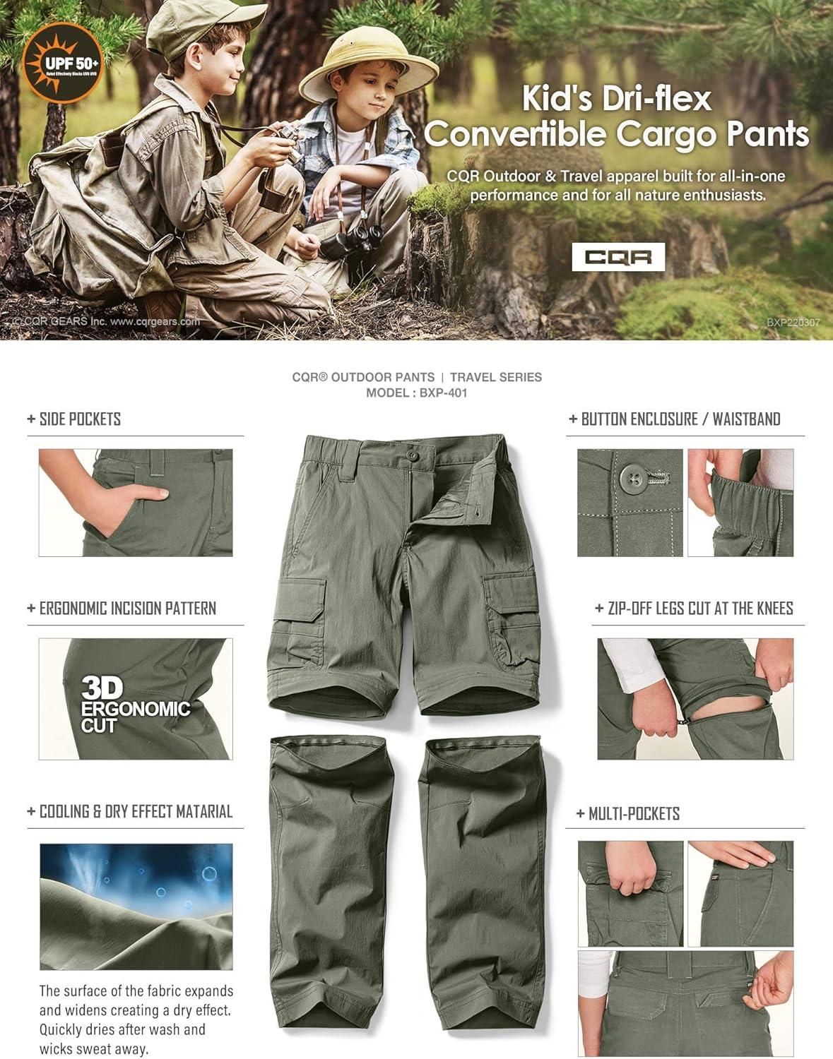 imageCQR Kids Youth Hiking Cargo Pants UPF 50 Quick Dry Convertible Zip Off Pants Outdoor Camping PantsConvertible Olive
