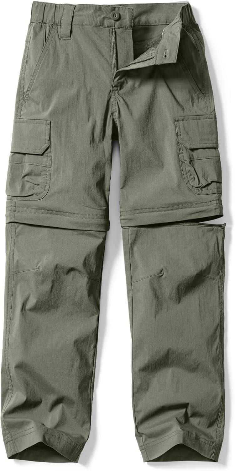 imageCQR Kids Youth Hiking Cargo Pants UPF 50 Quick Dry Convertible Zip Off Pants Outdoor Camping PantsConvertible Olive