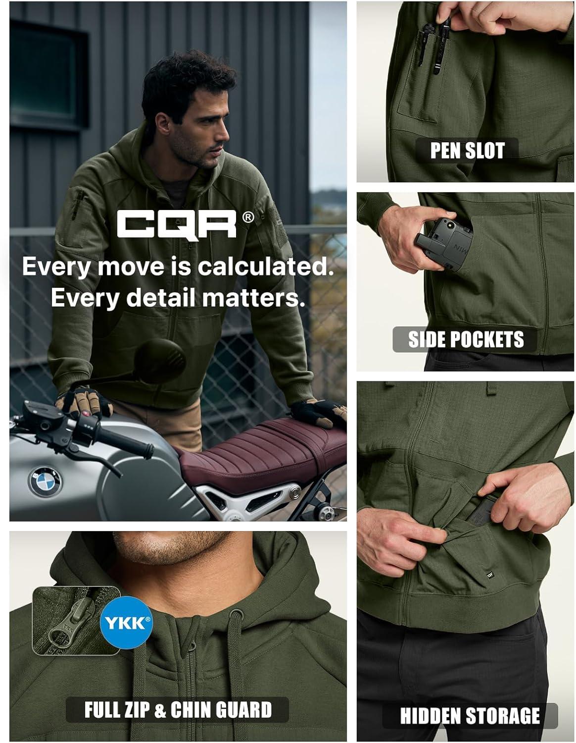 imageCQR Mens Winter Fleece Pullover Hoodies Thermal Long Sleeve Hooded Sweatshirt CottonBlend OutdoorTactical ShirtsFleece Ripstop Pannel Fullzip Olive