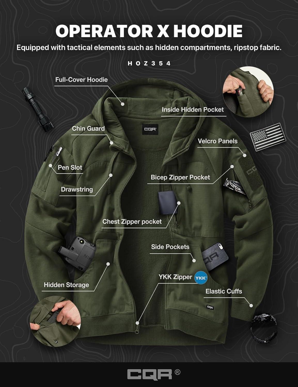 imageCQR Mens Winter Fleece Pullover Hoodies Thermal Long Sleeve Hooded Sweatshirt CottonBlend OutdoorTactical ShirtsFleece Ripstop Pannel Fullzip Olive