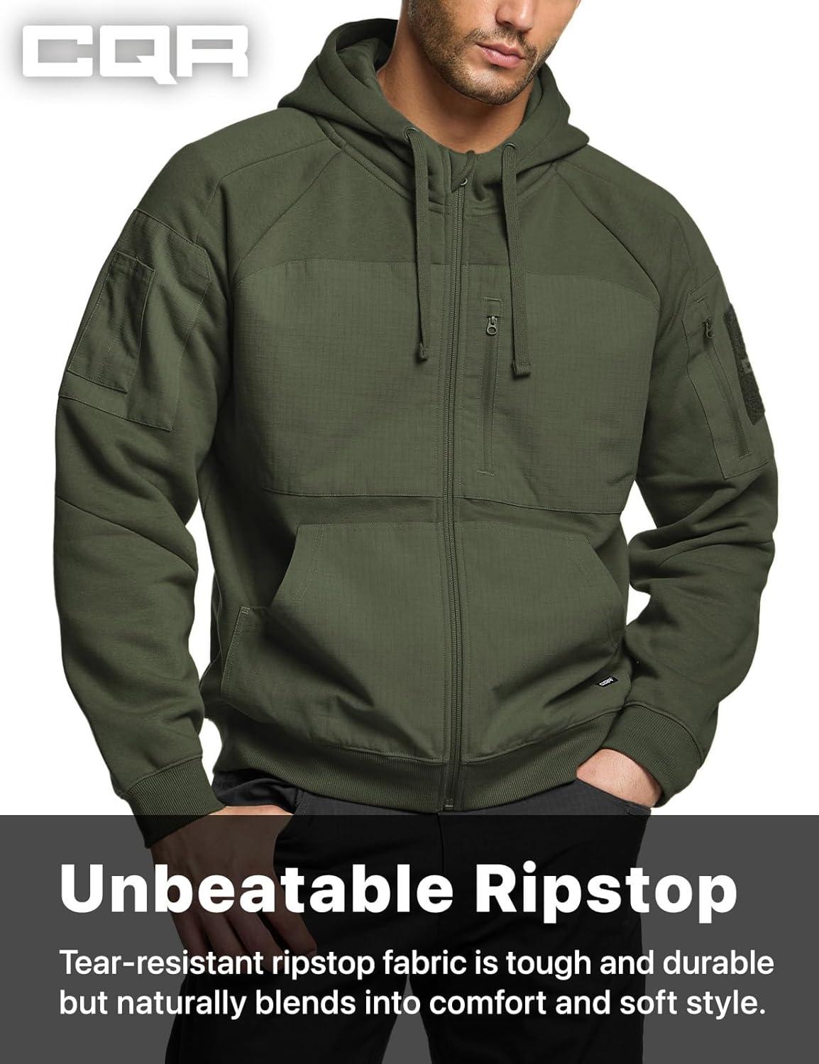 imageCQR Mens Winter Fleece Pullover Hoodies Thermal Long Sleeve Hooded Sweatshirt CottonBlend OutdoorTactical ShirtsFleece Ripstop Pannel Fullzip Olive