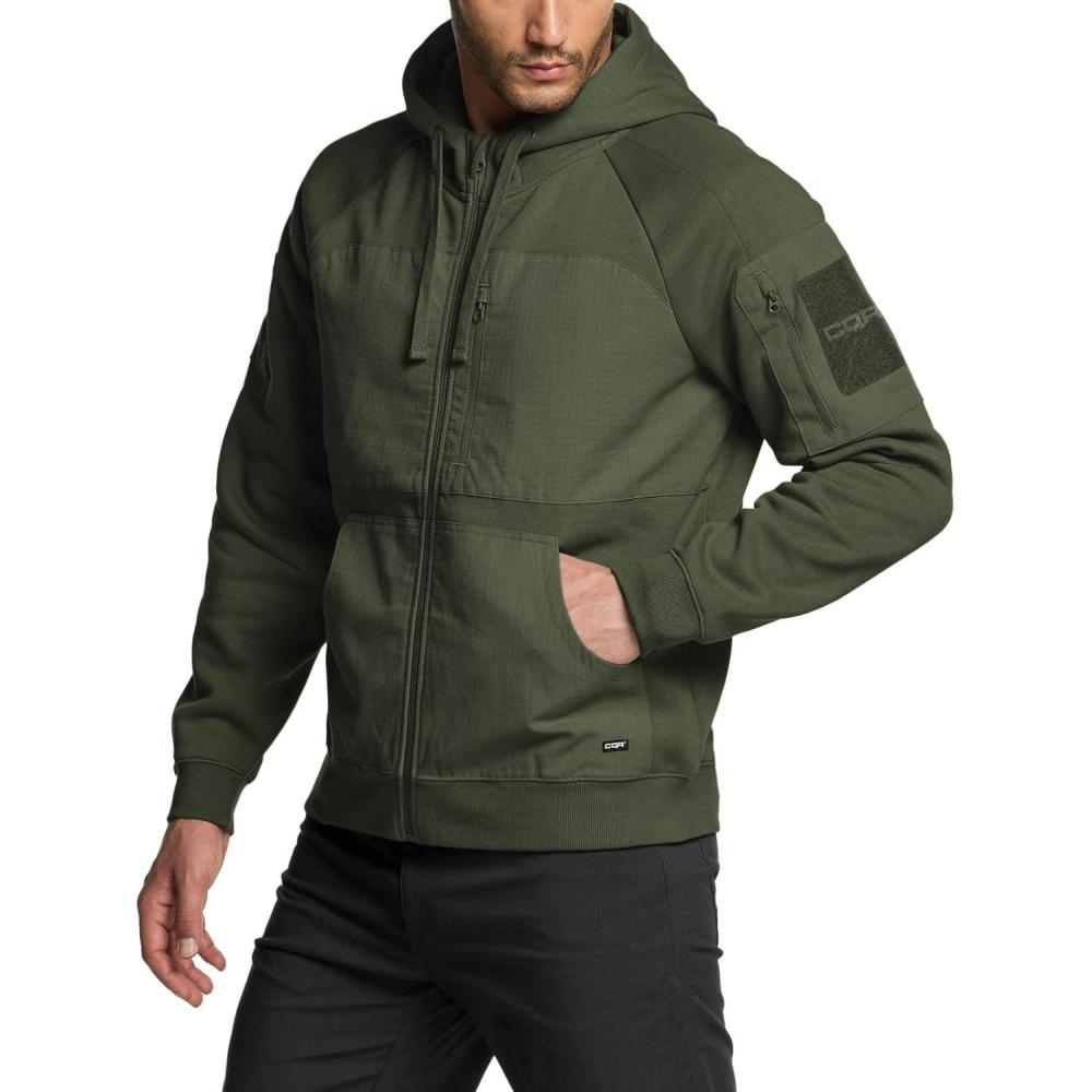imageCQR Mens Winter Fleece Pullover Hoodies Thermal Long Sleeve Hooded Sweatshirt CottonBlend OutdoorTactical ShirtsFleece Ripstop Pannel Fullzip Olive