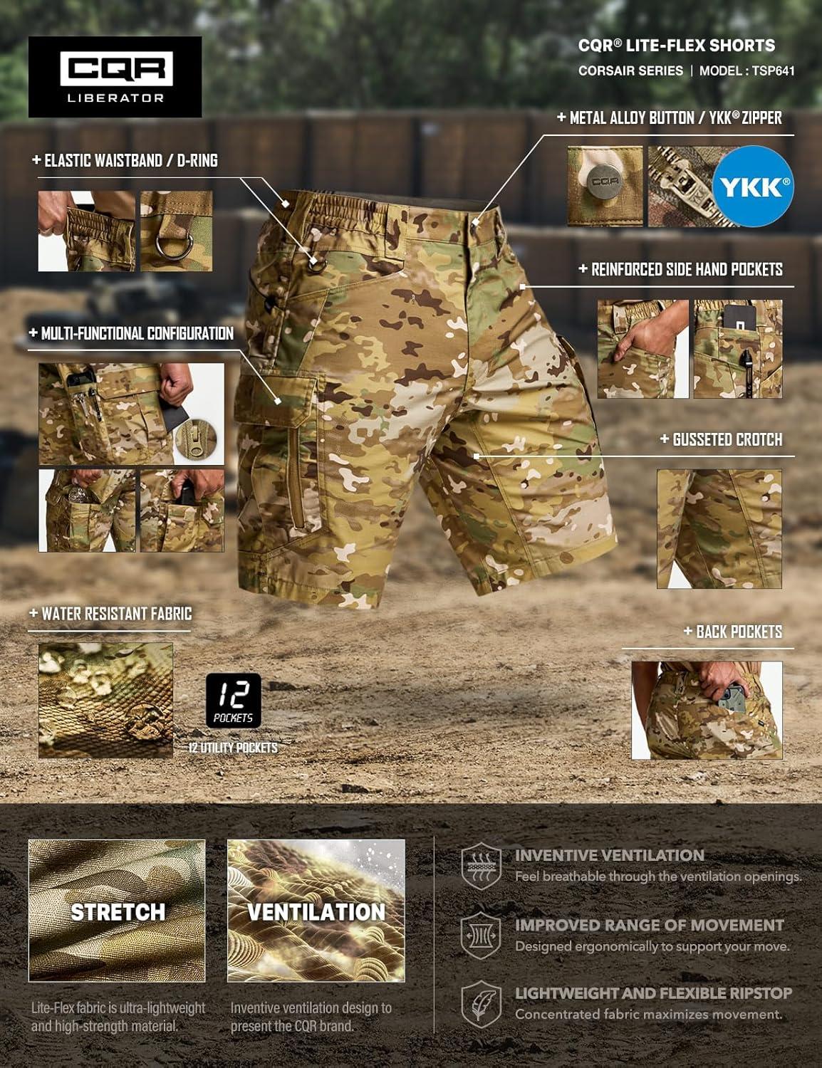 imageCQR Mens Flex Casual Cargo Shorts Lightweight Water Resistant Golf Shorts Stretch Tactical Work Shorts with MultiPocketTac Utility Camo