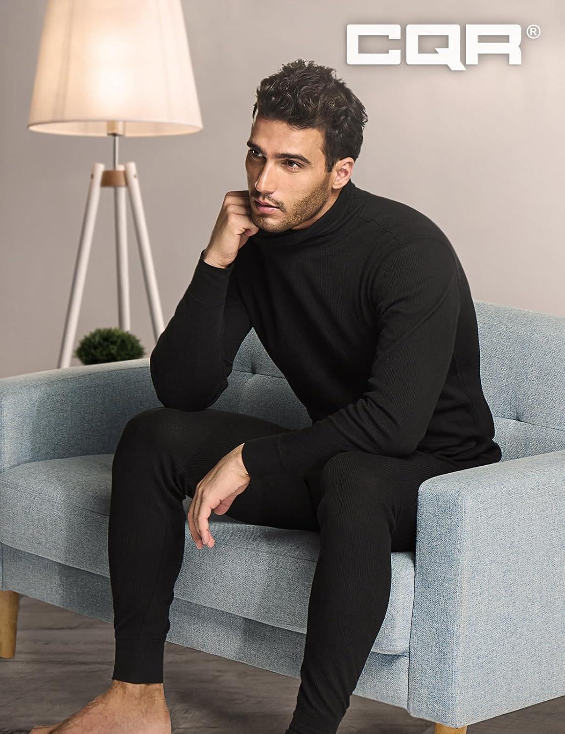 imageCQR Mens Long Sleeve Thermal Underwear Tops Midweight Waffle Shirt Winter Cold Weather Thermal ShirtsMock Neck Top Black