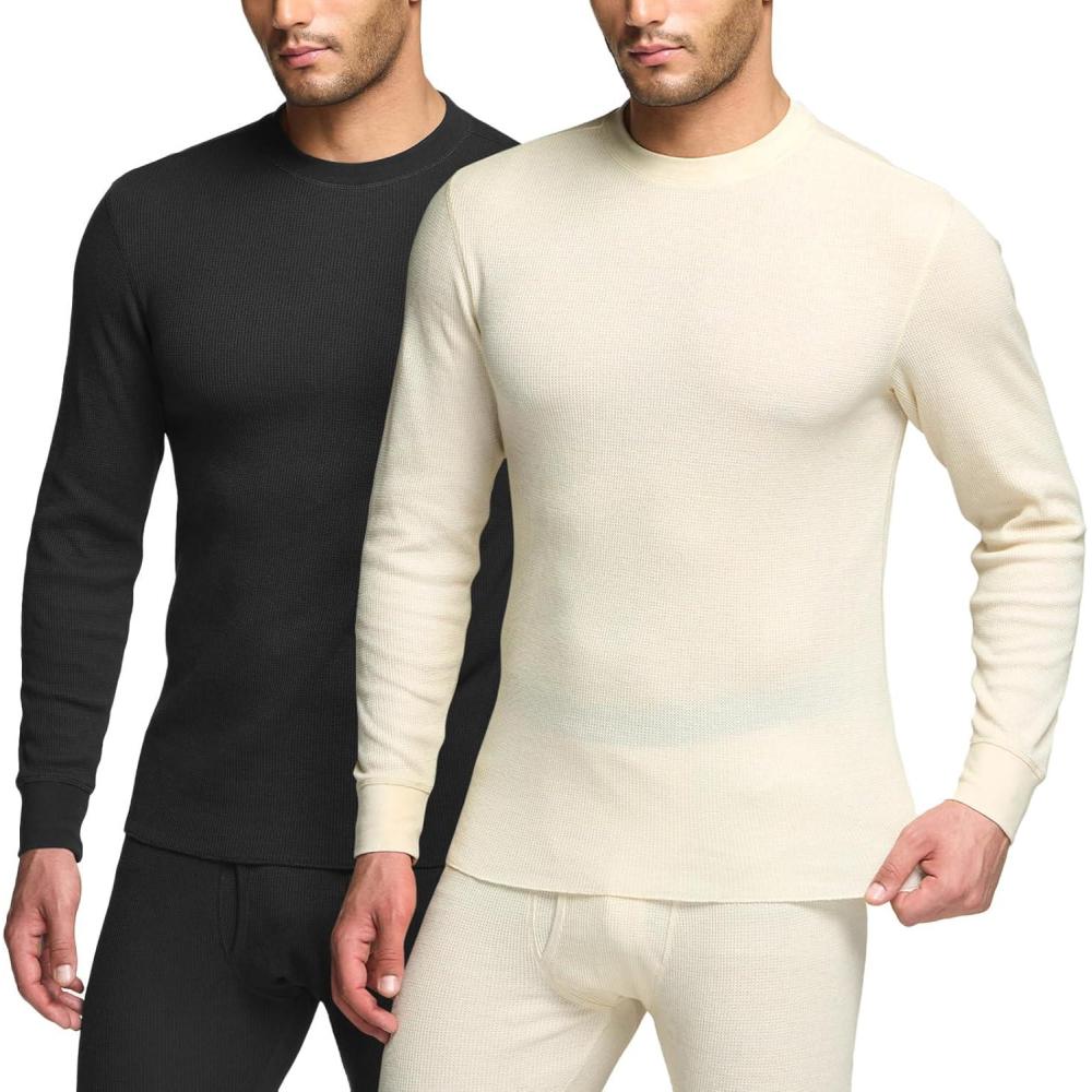 imageCQR Mens Long Sleeve Thermal Underwear Tops Midweight Waffle Shirt Winter Cold Weather Thermal Shirts2 Packs of Tops Black Natural