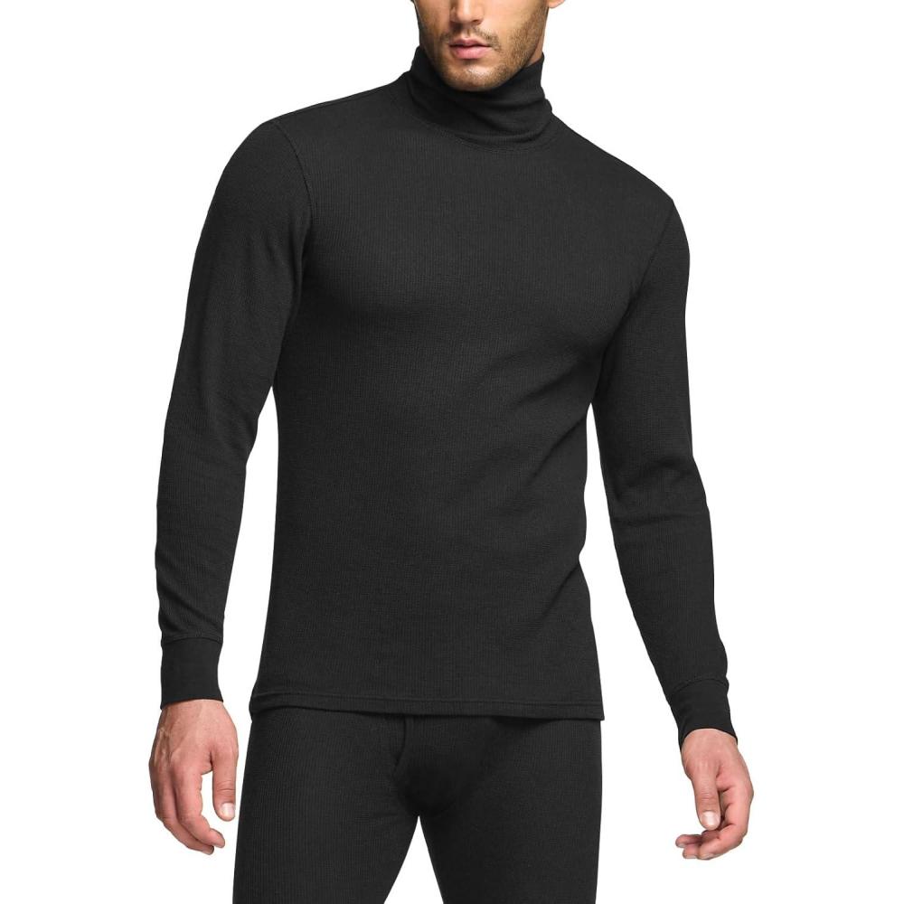 imageCQR Mens Long Sleeve Thermal Underwear Tops Midweight Waffle Shirt Winter Cold Weather Thermal ShirtsMock Neck Top Black