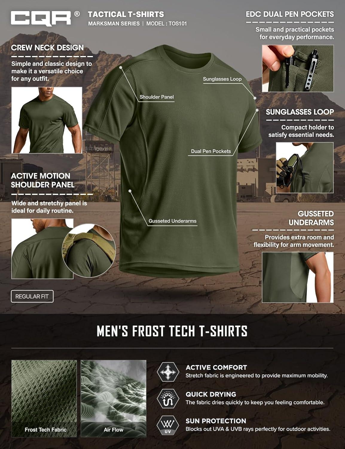 imageCQR Mens Short Sleeve Military Tactical TShirt Athletic Gym Training Army Shirts Outdoor Hiking Workout ShirtFrost Pro Crewneck Army Green