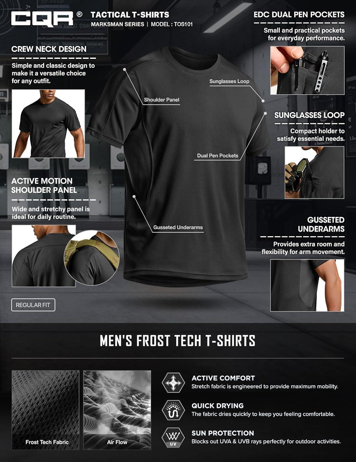 imageCQR Mens Short Sleeve Military Tactical TShirt Athletic Gym Training Army Shirts Outdoor Hiking Workout ShirtFrost Pro Crewneck Black