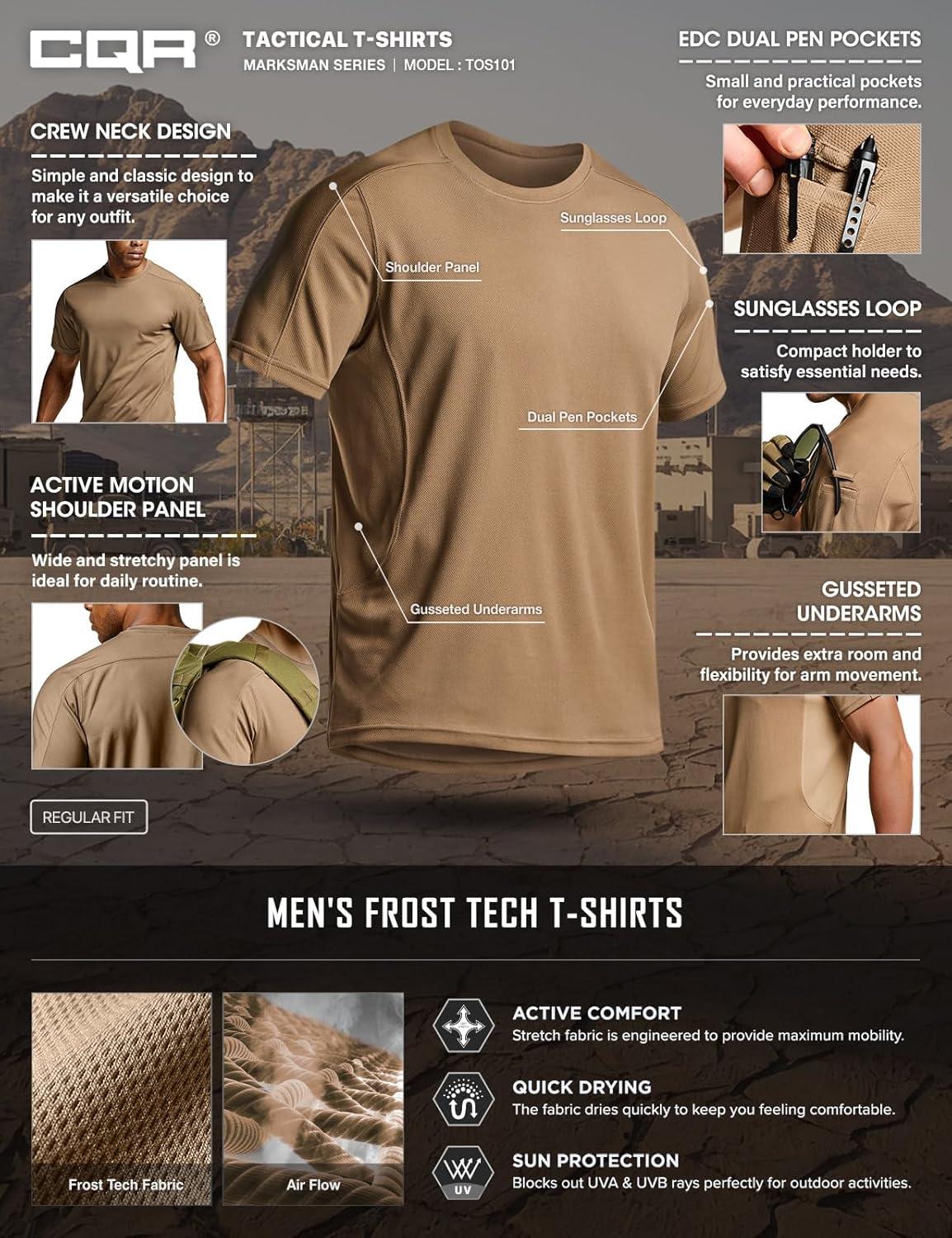 imageCQR Mens Short Sleeve Military Tactical TShirt Athletic Gym Training Army Shirts Outdoor Hiking Workout ShirtFrost Pro Crewneck Coyote