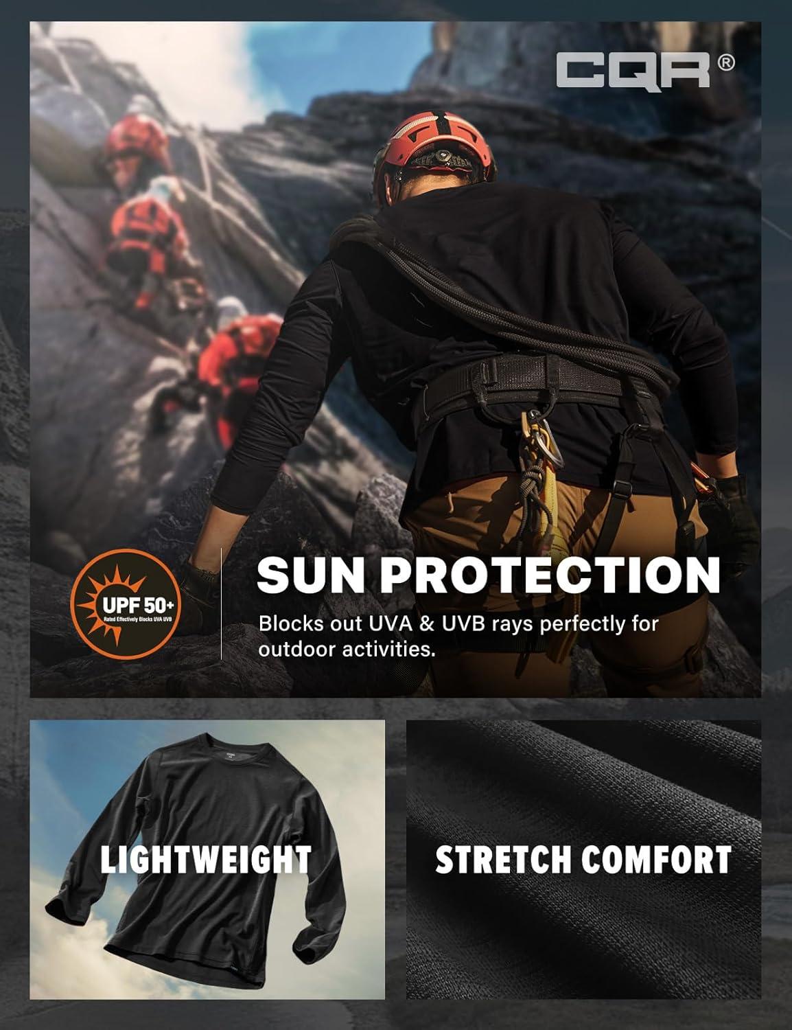 imageCQR Mens UPF 50 Sun Protection Long Sleeve Quick Dry Athletic Shirts Stretch Running Workout Hiking TShirtsBasic Black