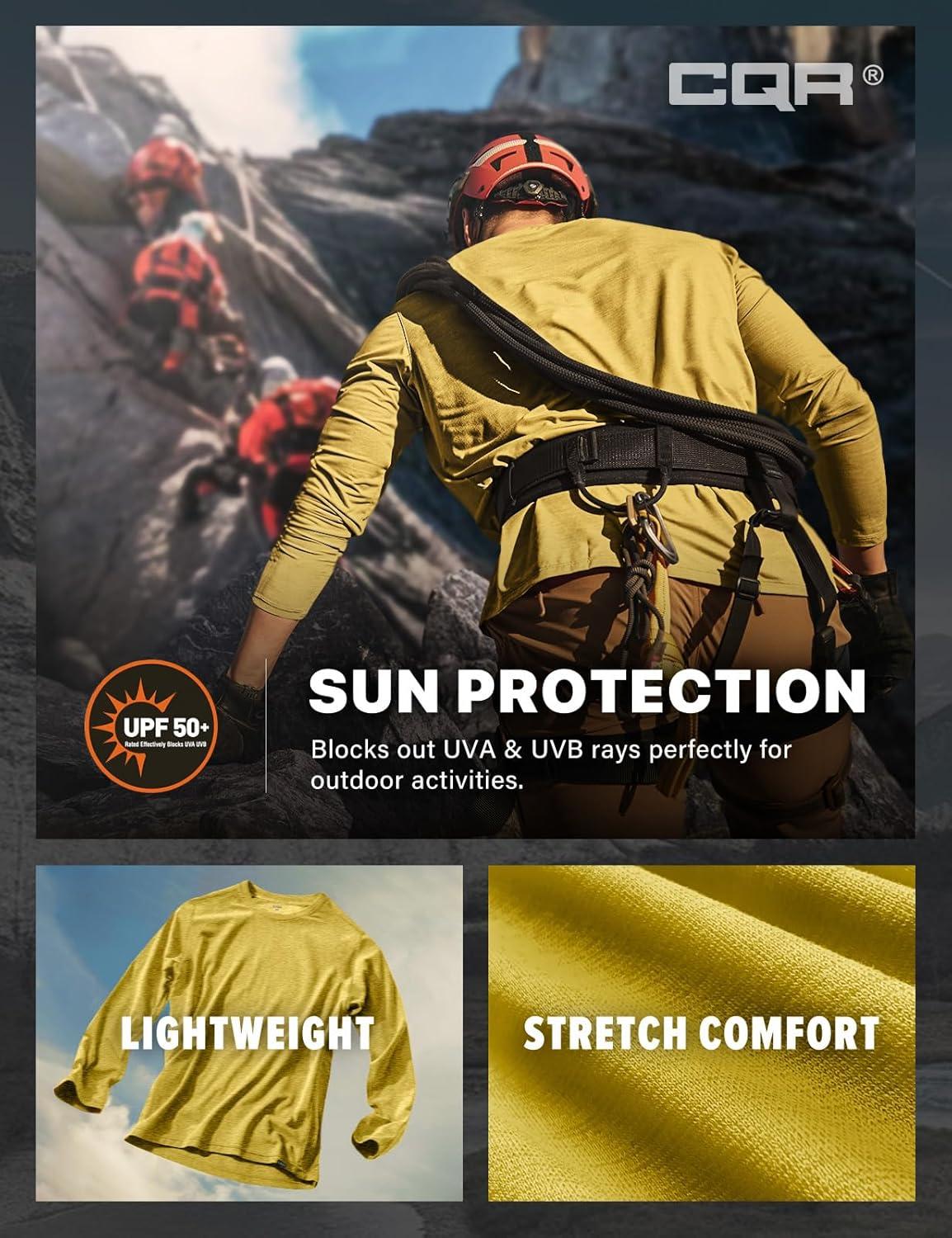 imageCQR Mens UPF 50 Sun Protection Long Sleeve Quick Dry Athletic Shirts Stretch Running Workout Hiking TShirtsBasic Desert Yellow