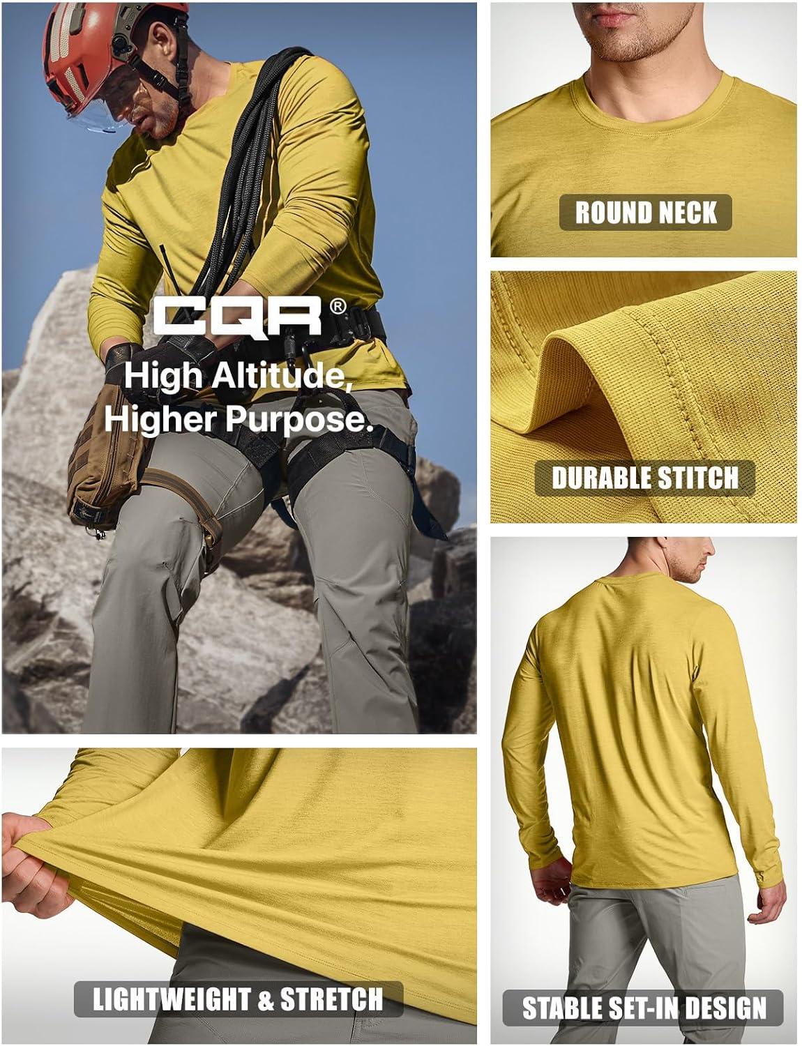 imageCQR Mens UPF 50 Sun Protection Long Sleeve Quick Dry Athletic Shirts Stretch Running Workout Hiking TShirtsBasic Desert Yellow