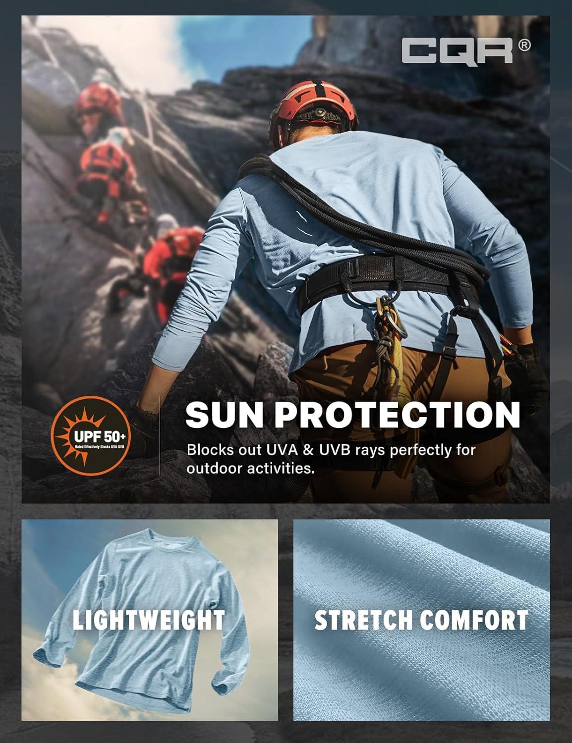 imageCQR Mens UPF 50 Sun Protection Long Sleeve Quick Dry Athletic Shirts Stretch Running Workout Hiking TShirtsBasic Ocean