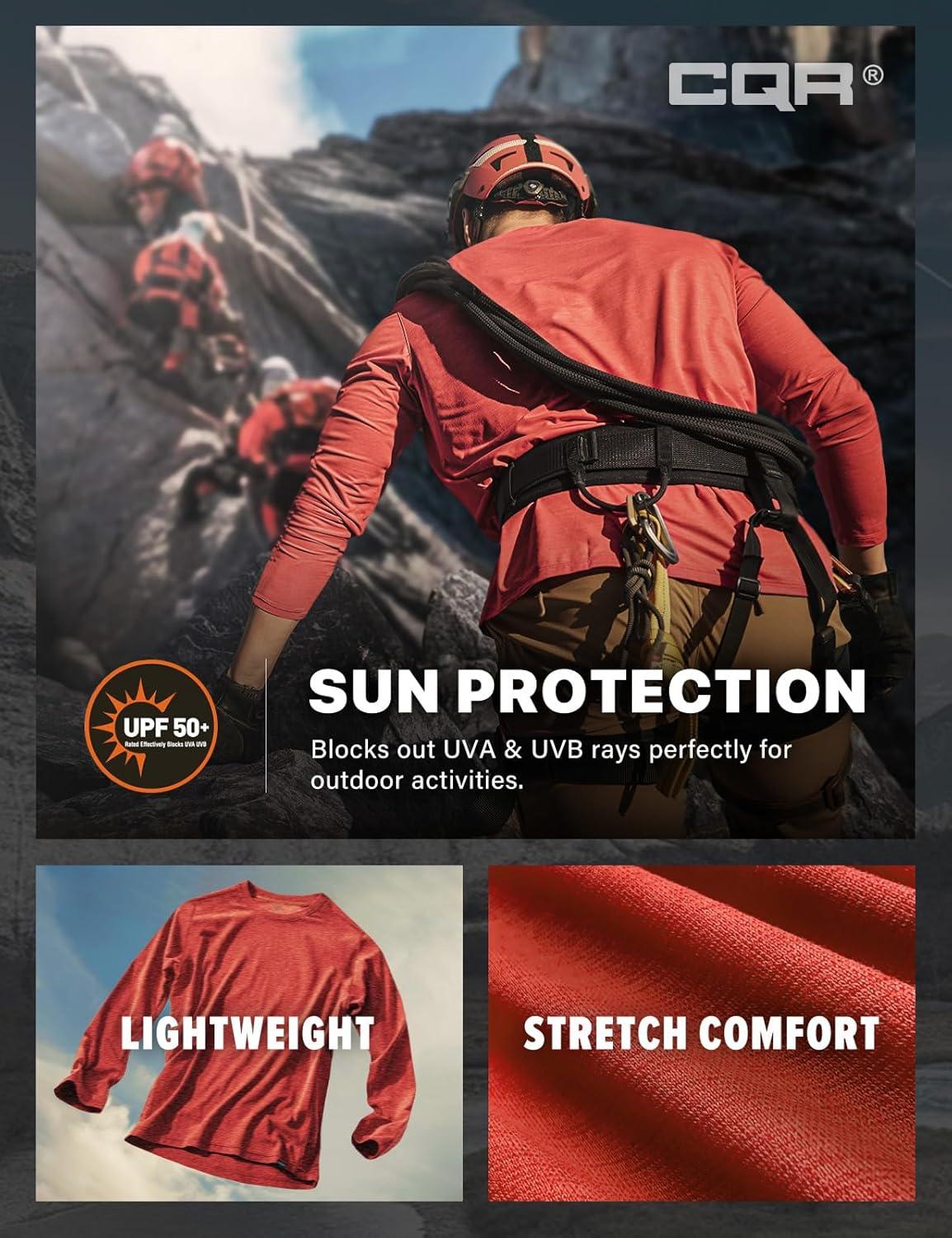 imageCQR Mens UPF 50 Sun Protection Long Sleeve Quick Dry Athletic Shirts Stretch Running Workout Hiking TShirtsBasic Rescue Orange