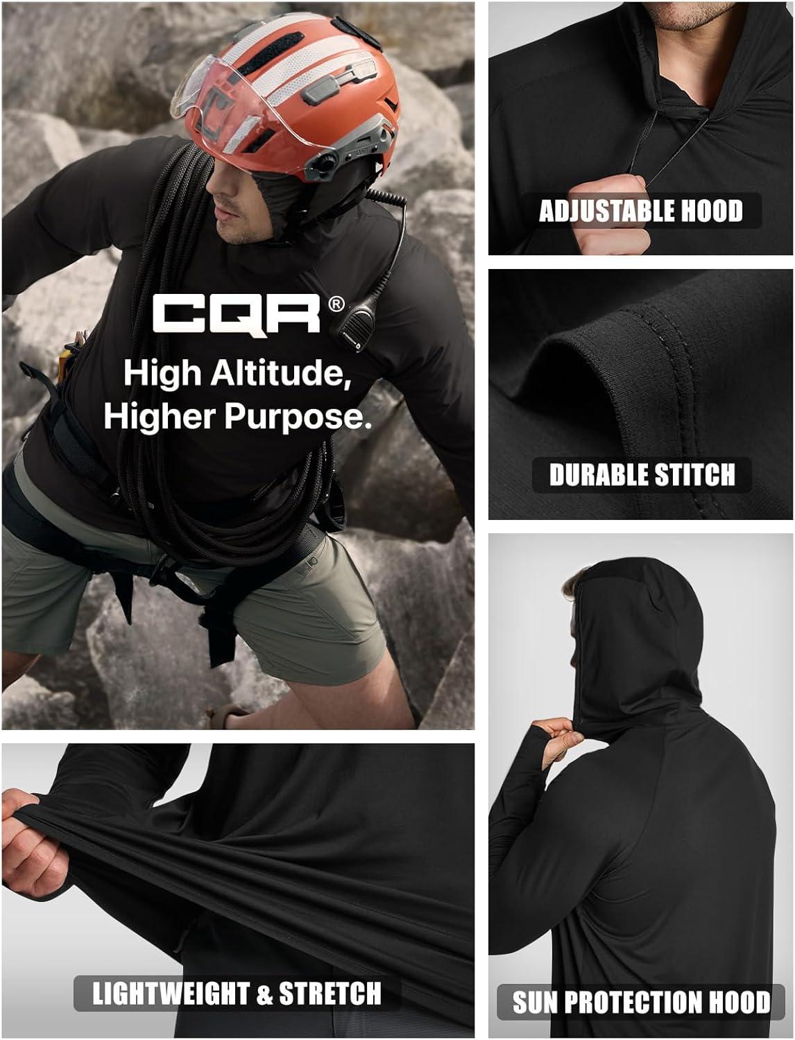imageCQR Mens UPF 50 Sun Protection Long Sleeve Quick Dry Athletic Shirts Stretch Running Workout Hiking TShirtsProtector Hoodie Black