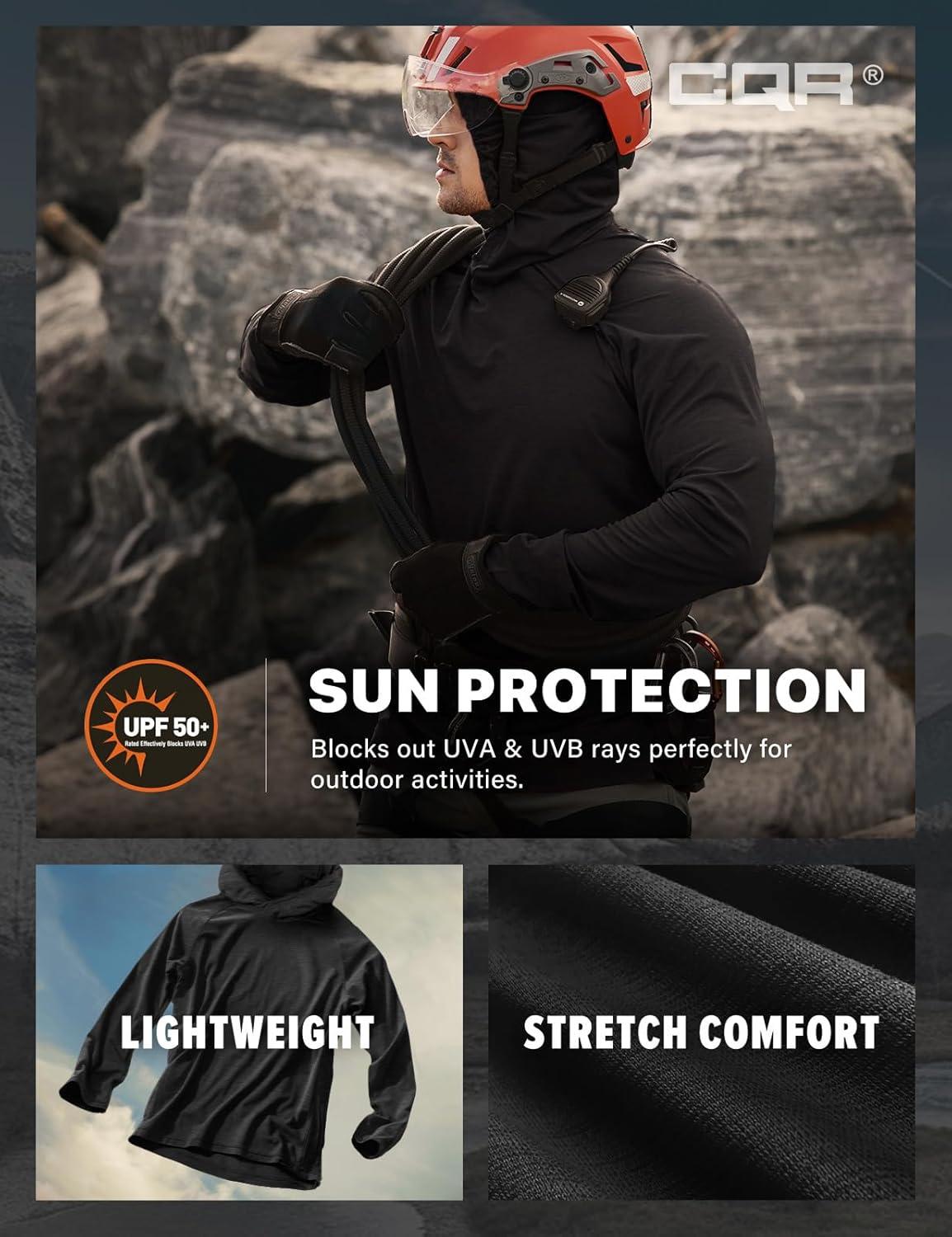 imageCQR Mens UPF 50 Sun Protection Long Sleeve Quick Dry Athletic Shirts Stretch Running Workout Hiking TShirtsProtector Hoodie Black