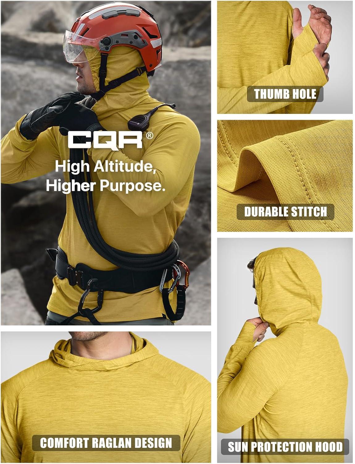 imageCQR Mens UPF 50 Sun Protection Long Sleeve Quick Dry Athletic Shirts Stretch Running Workout Hiking TShirtsProtector Hoodie Desert Yellow