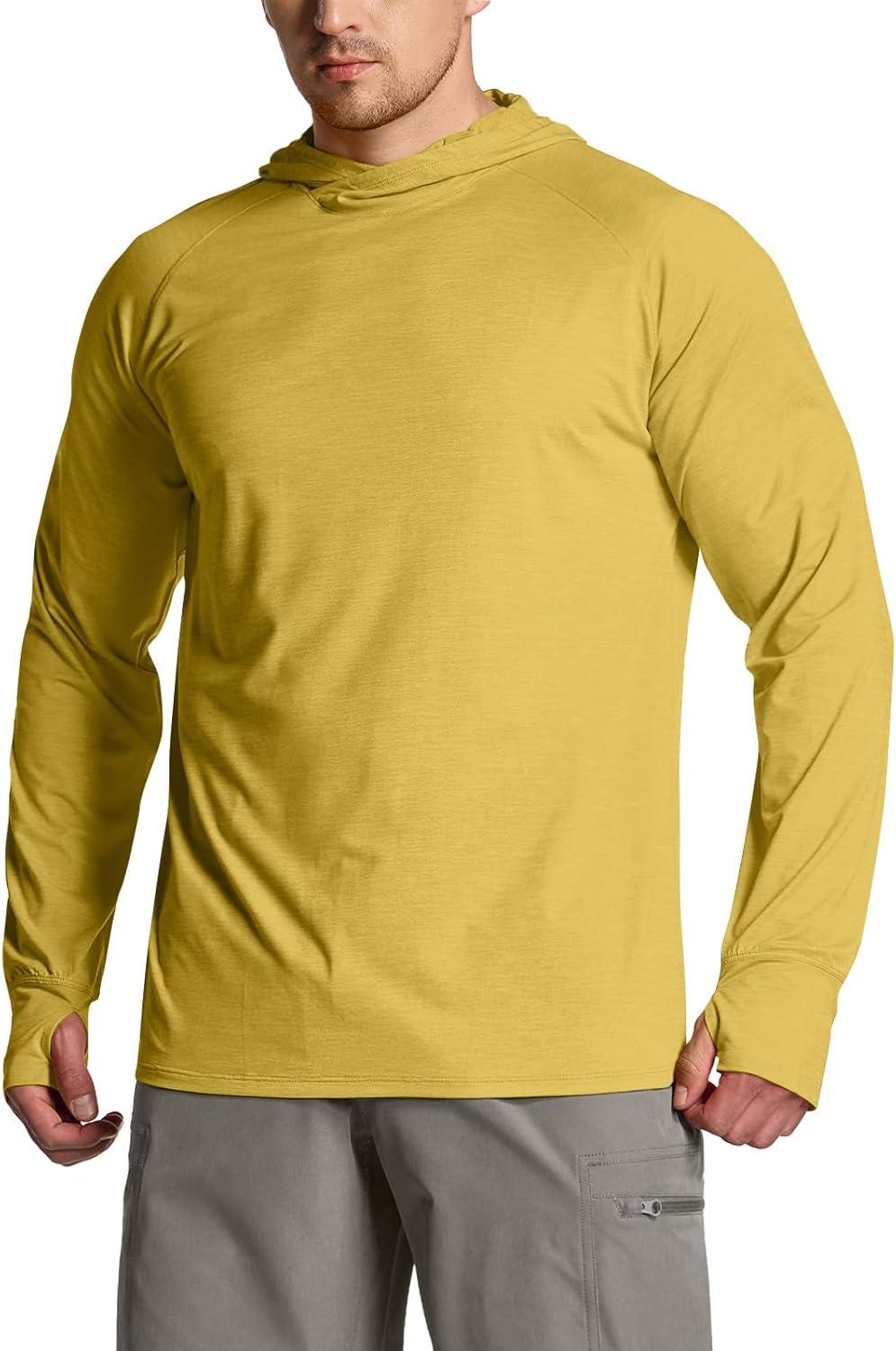 imageCQR Mens UPF 50 Sun Protection Long Sleeve Quick Dry Athletic Shirts Stretch Running Workout Hiking TShirtsProtector Hoodie Desert Yellow