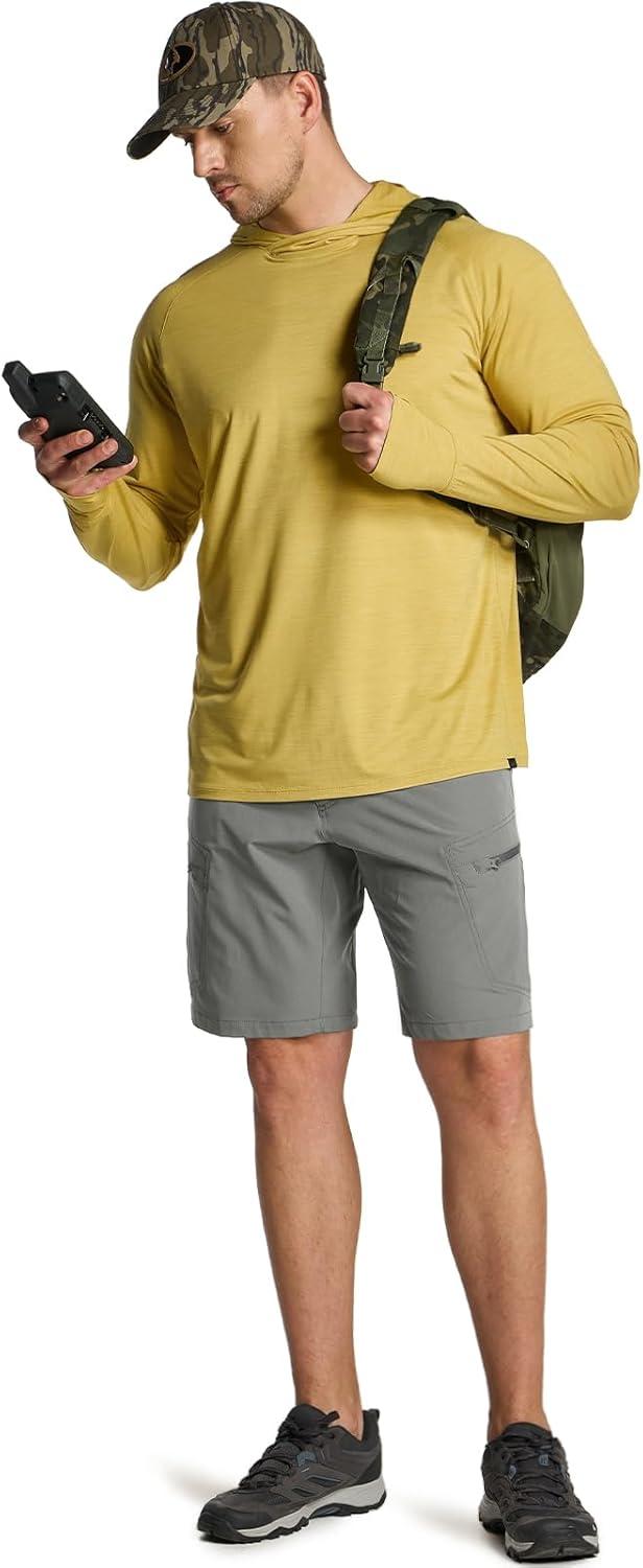 imageCQR Mens UPF 50 Sun Protection Long Sleeve Quick Dry Athletic Shirts Stretch Running Workout Hiking TShirtsProtector Hoodie Desert Yellow