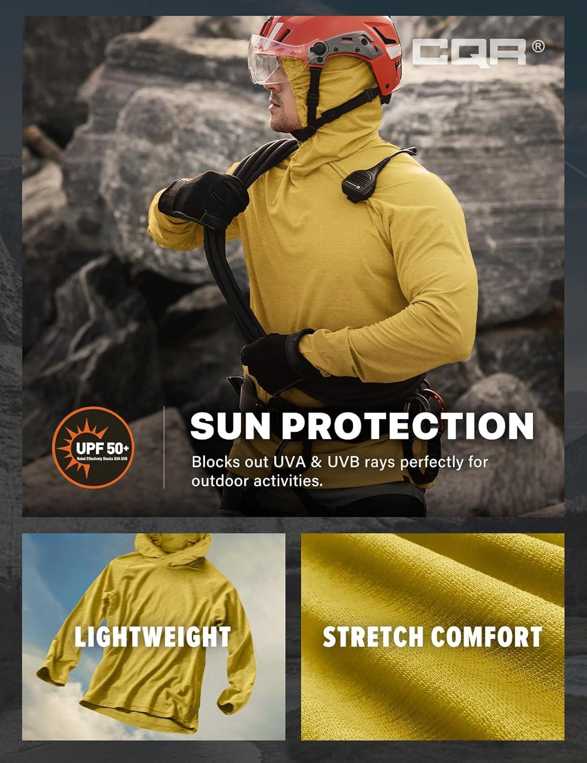 imageCQR Mens UPF 50 Sun Protection Long Sleeve Quick Dry Athletic Shirts Stretch Running Workout Hiking TShirtsProtector Hoodie Desert Yellow