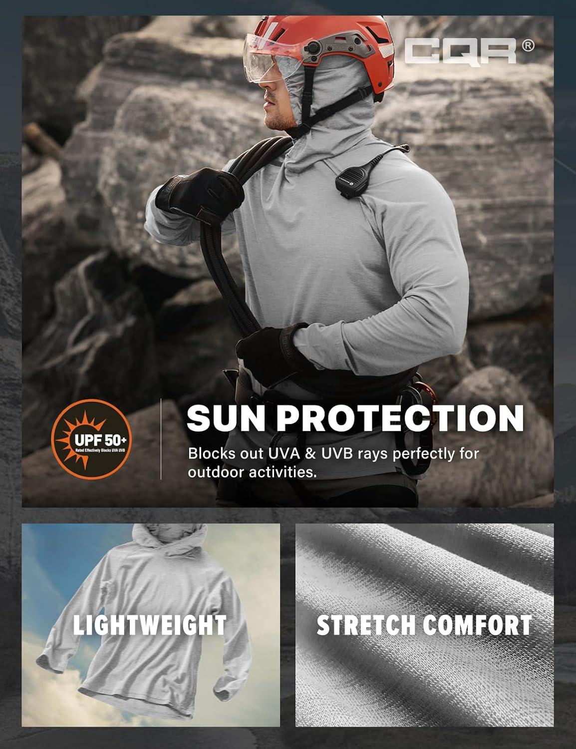 imageCQR Mens UPF 50 Sun Protection Long Sleeve Quick Dry Athletic Shirts Stretch Running Workout Hiking TShirtsProtector Hoodie Light Grey