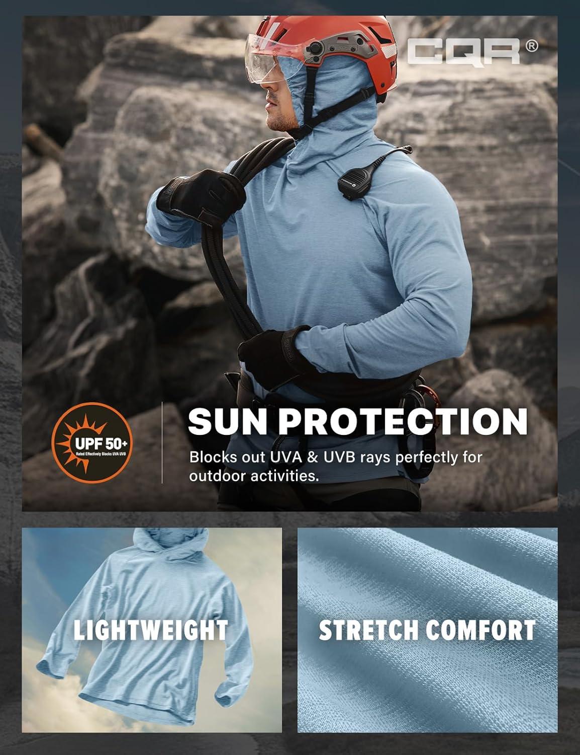 imageCQR Mens UPF 50 Sun Protection Long Sleeve Quick Dry Athletic Shirts Stretch Running Workout Hiking TShirtsProtector Hoodie Ocean