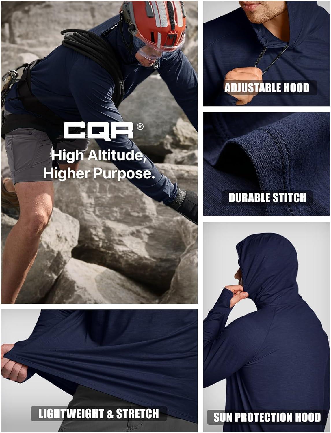 imageCQR Mens UPF 50 Sun Protection Long Sleeve Quick Dry Athletic Shirts Stretch Running Workout Hiking TShirtsProtector Hoodie Operator Navy