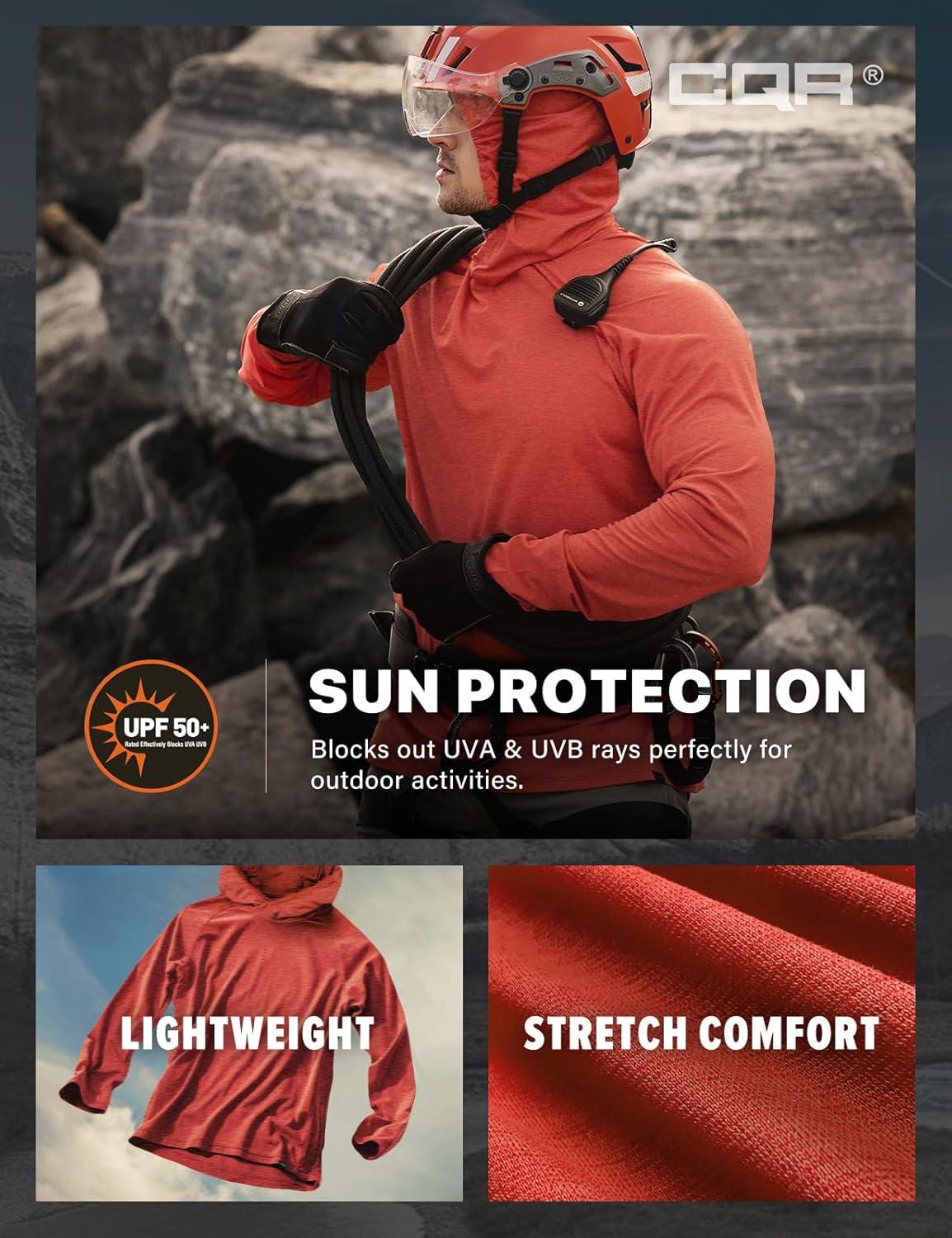 imageCQR Mens UPF 50 Sun Protection Long Sleeve Quick Dry Athletic Shirts Stretch Running Workout Hiking TShirtsProtector Hoodie Rescue Orange