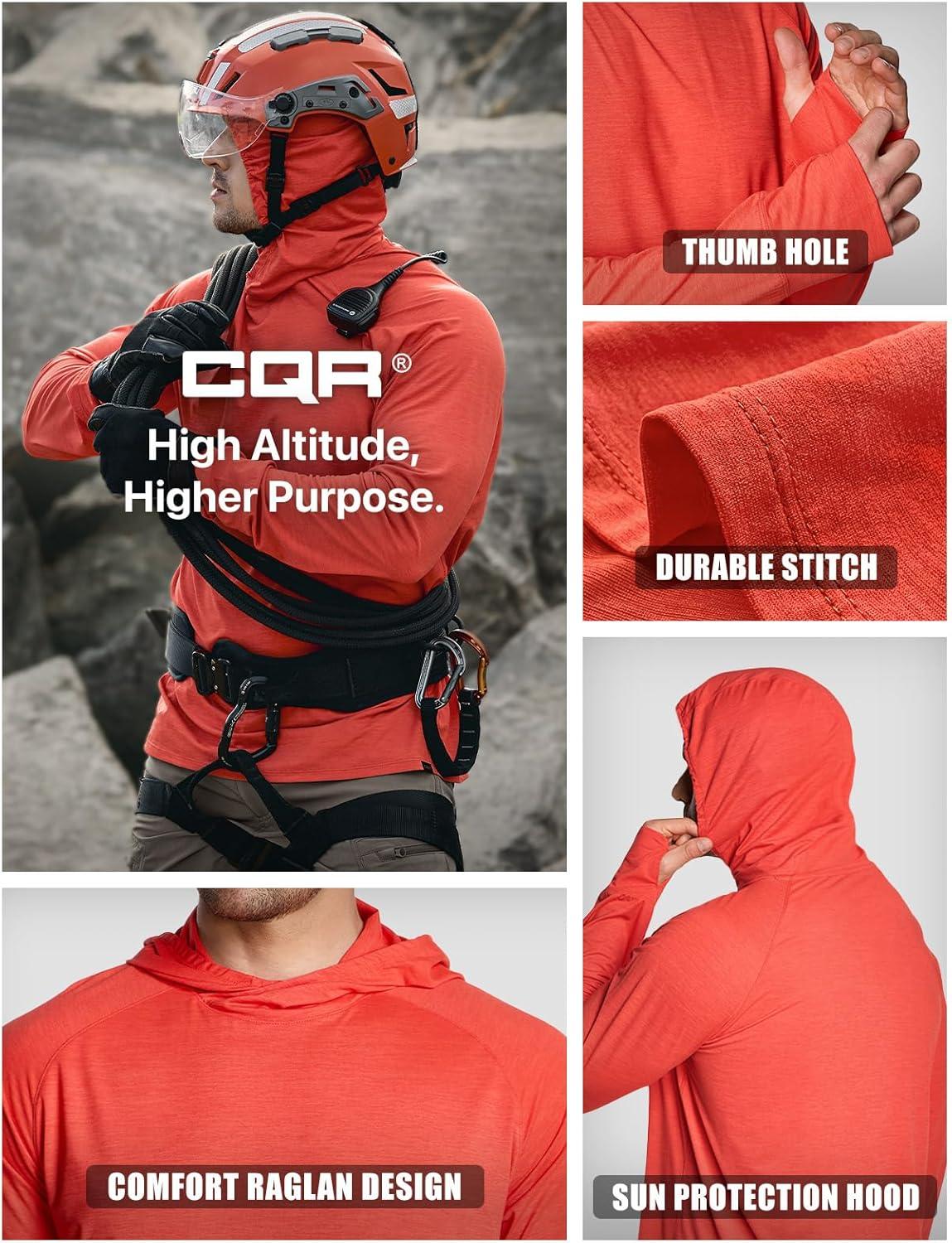 imageCQR Mens UPF 50 Sun Protection Long Sleeve Quick Dry Athletic Shirts Stretch Running Workout Hiking TShirtsProtector Hoodie Rescue Orange