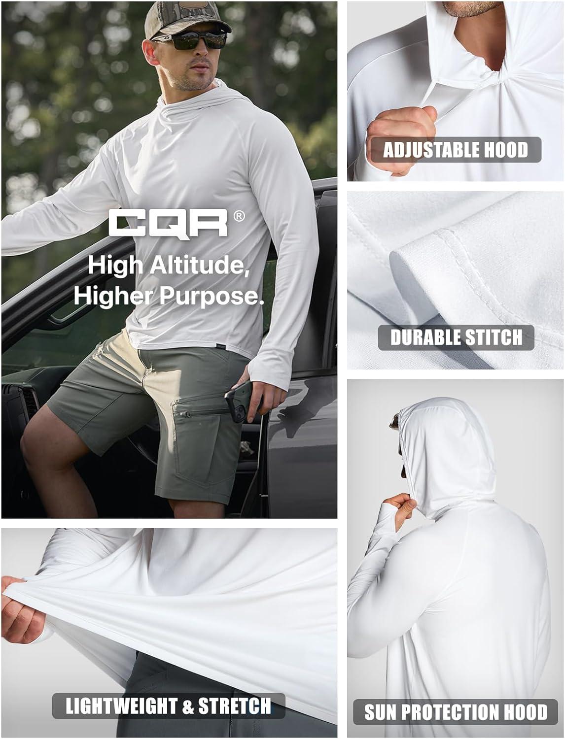 imageCQR Mens UPF 50 Sun Protection Long Sleeve Quick Dry Athletic Shirts Stretch Running Workout Hiking TShirtsProtector Hoodie White