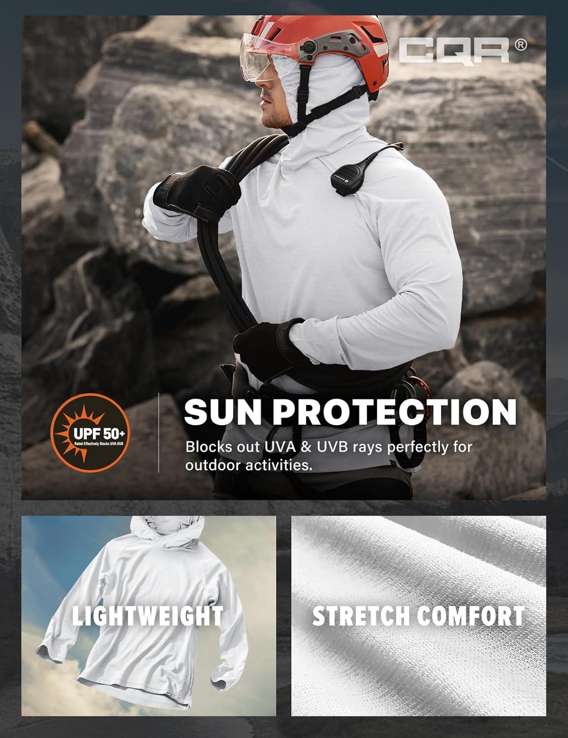 imageCQR Mens UPF 50 Sun Protection Long Sleeve Quick Dry Athletic Shirts Stretch Running Workout Hiking TShirtsProtector Hoodie White