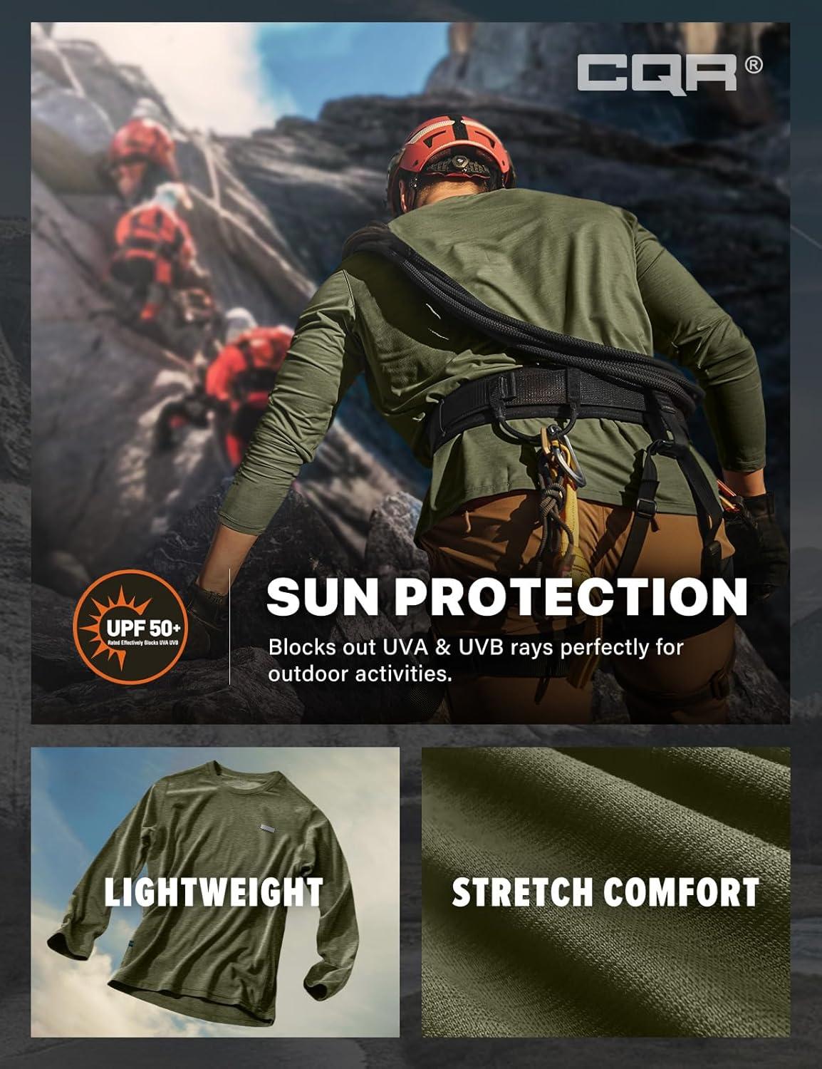 imageCQR Mens UPF 50 Sun Protection Long Sleeve Quick Dry Athletic Shirts Stretch Running Workout Hiking TShirtsProtector Soil Green