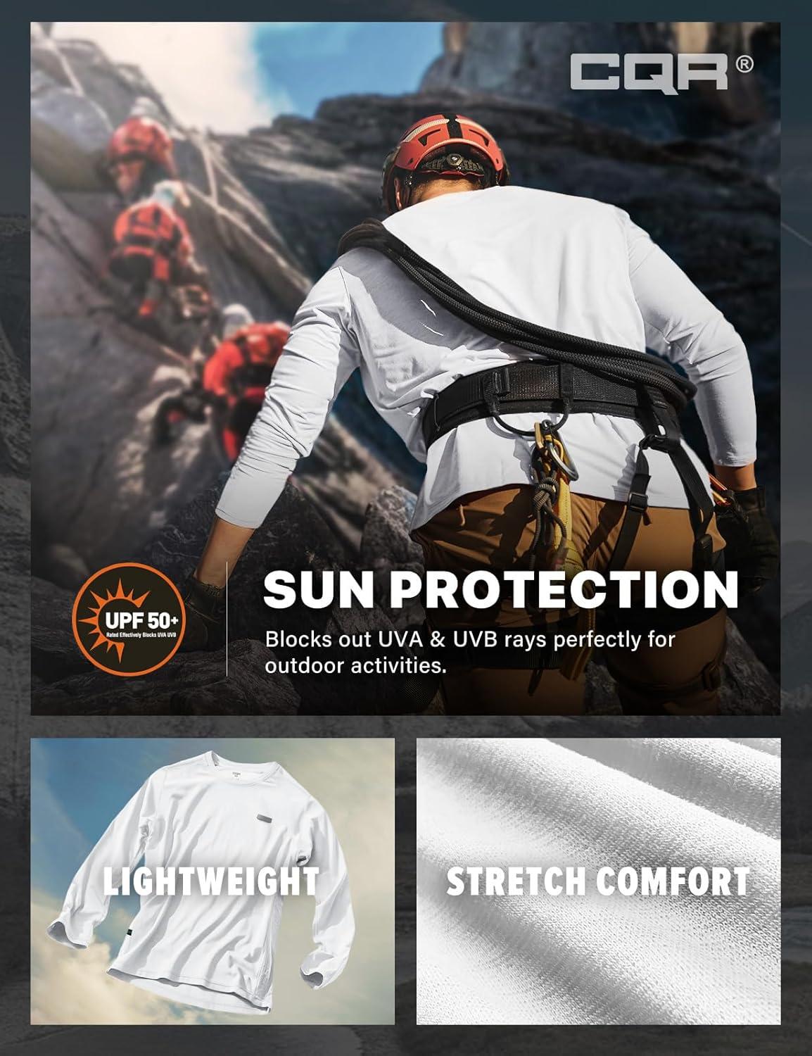 imageCQR Mens UPF 50 Sun Protection Long Sleeve Quick Dry Athletic Shirts Stretch Running Workout Hiking TShirtsProtector White