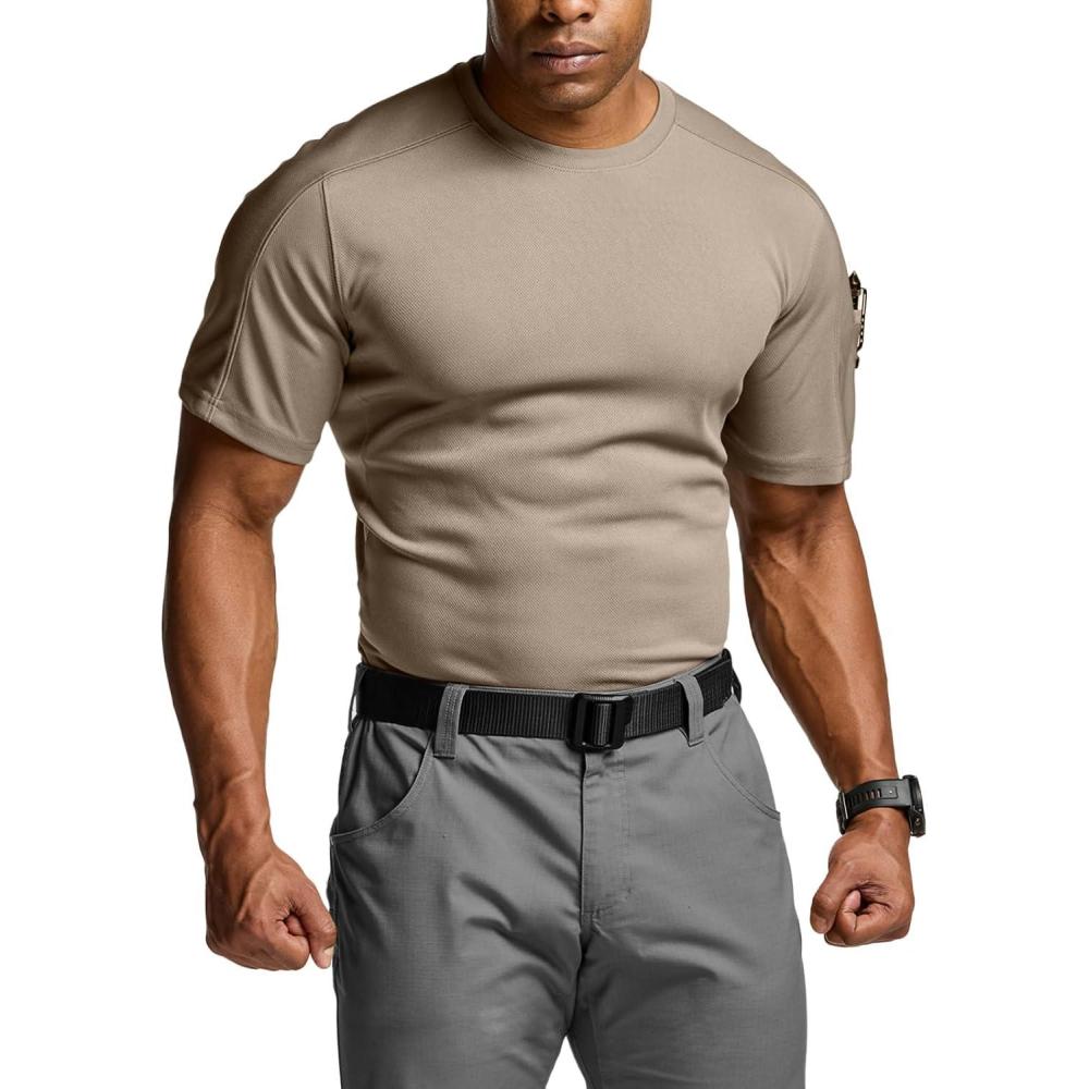 imageCQR Mens Short Sleeve Military Tactical TShirt Athletic Gym Training Army Shirts Outdoor Hiking Workout ShirtFrost Pro Crewneck Khaki